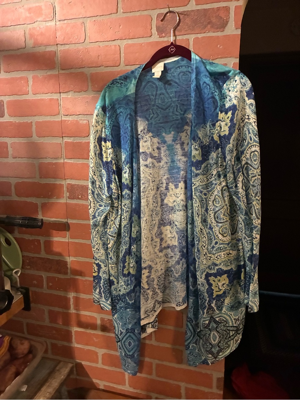Chico's Blue and White Paisley Open-Front Cardigan